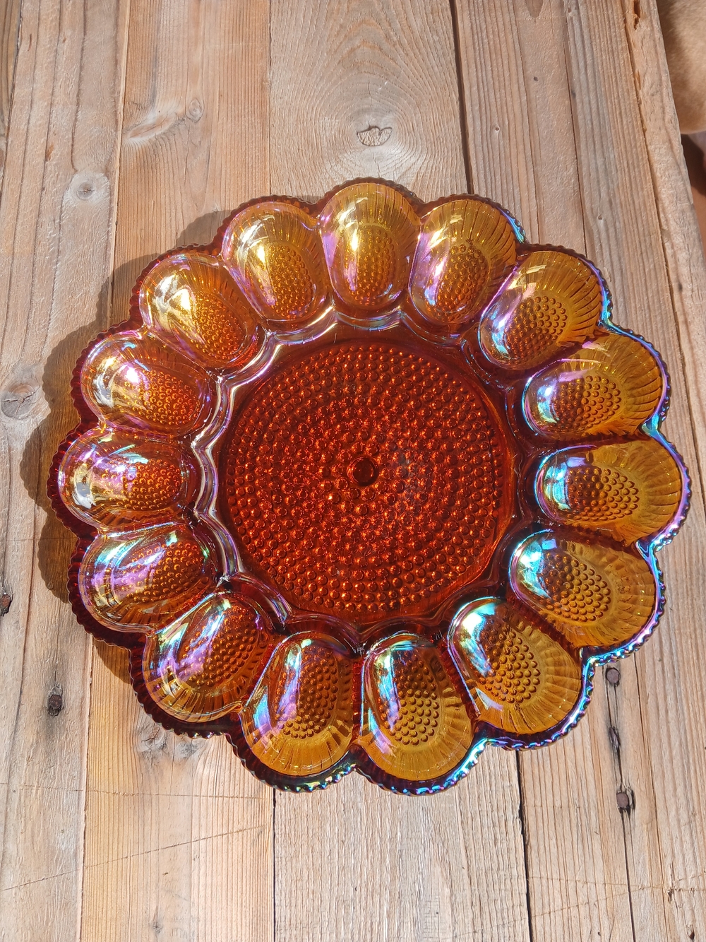 Vintage Indiana Glass Iridescent Marigold Devils Eggs Plate/amber Egg Plate
